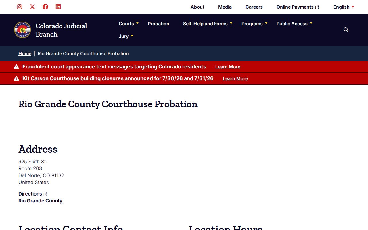 Rio Grande County Courthouse Probation official location page