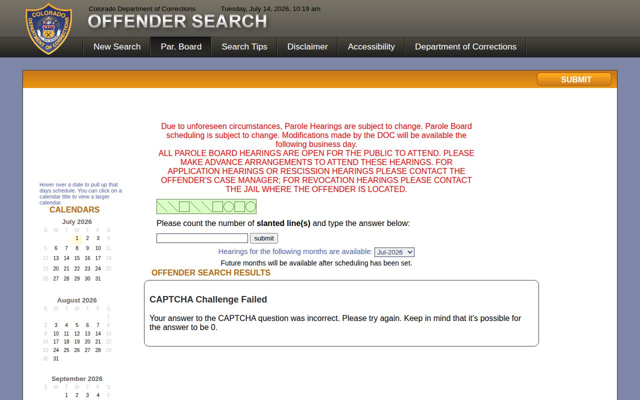 Colorado State Board of Parole hearing calendar in CDOC offender search